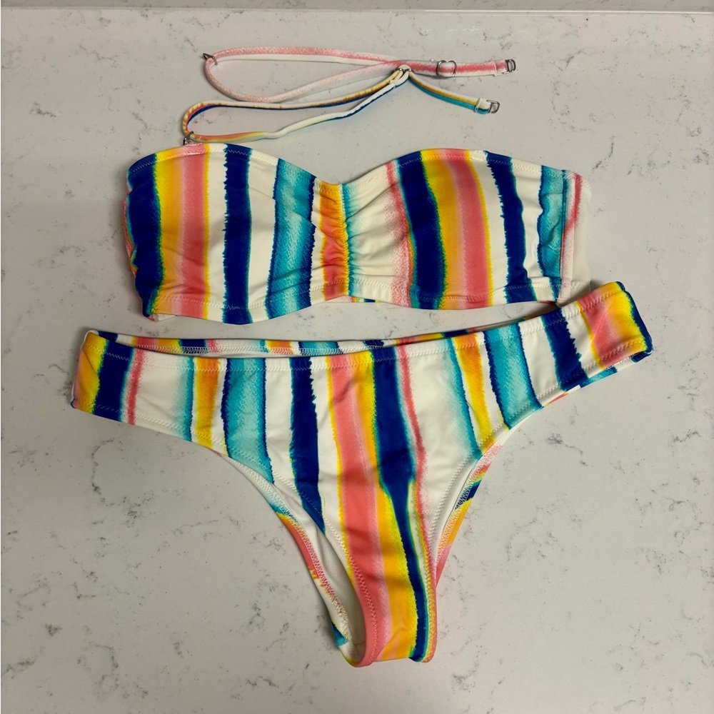 Girls' Rainbow Stripe Bandeau Bikini Set - Multicolor
